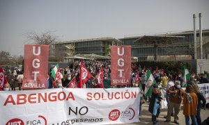 Trabajadores de Abengoa durante la concentración convocada en su sede central en Palmas Altas (Sevilla) para reclamar la continuidad de sus puestos de trabajo. — María José López / EUROPA PRESS