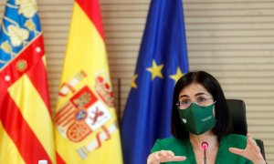 La ministra de Sanidad, Carolina Darias, durante su comparecencia tras la reunión para abordar la situación actual de la pandemia y el plan de vacunación en la Comunitat Valenciana.