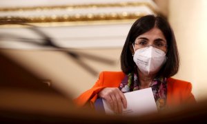 La ministra de Sanidad, Carolina Darias, durante su comparecencia este martes ante la Comisión de Sanidad y Consumo del Senado, para explicar sus proyecto al frente del Departamento.