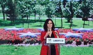 La presidenta de la Comunidad de Madrid y candidata del PP a la reelección, Isabel Díaz Ayuso, interviene en un acto de campaña
