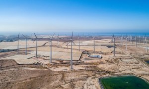 Vista del parque eólico Llanos de la Aldea, en la isla de Gran Canaria, gestionado por Ecoener.