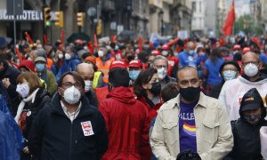 Els secretaris generals de CCOO i UGT al capdavant de la concentració a Via Laietana amb motiu del Primer de Maig.