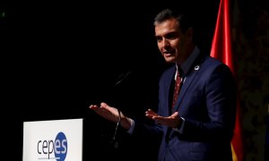 El presidente del Gobierno, Pedro Sánchez durante su intervención en la clausura este jueves de la asamblea general de la Confederación Empresarial Española de la Economía Social (CEPES) en el Círculo de Bellas Artes de Madrid.