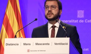 El vicepresident amb funcions de president, Pere Aragonès, en roda de premsa a Palau el 4 de maig de 2021.