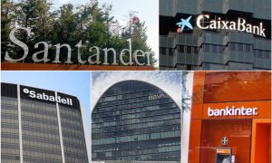 Logos de Santander, CaixaBank, BBVA, Sabadell y Bankinter. E.P.