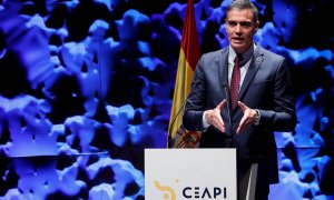 El presidente del Gobierno español, Pedro Sánchez, pronuncia un discurso durante la inauguración del IV Congreso Iberoamericano CEAPI (Consejo Empresarial Alianza por Iberoamérica) este 17 de mayo de 2021.