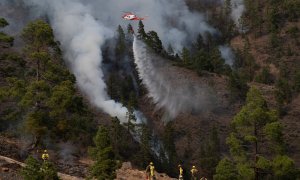 22/05/2021. Un helicóptero del Gobierno de Canarias descarga agua sobre una de las zonas afectadas por el incendio en el municipio de Arico (Tenerife). - EFE