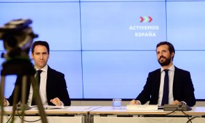 El secretario general del PP, Teodoro García Egea, y el presidente del Partido Popular, Pablo Casado, durante la reunión de la Junta Directiva Nacional del Partido Popular.