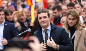 El presidente del PP, Pablo Casado, en la concentración de la plaza de Colón celebrada en febrero de 2019.