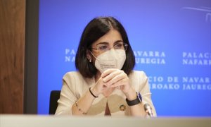 La ministra de Sanidad, Carolina Darias, comparece en rueda de prensa tras presidir desde Pamplona el pleno telemático del Consejo Interterritorial del Sistema Nacional de Salud, en el Palacio de Navarra, a 2 de junio de 2021.