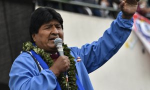 El expresidente de Bolivia (2006-2019) Evo Morales habla durante las celebraciones del 26 aniversario del gobernante partido Movimientos Al Socialismo (MAS), en La Paz, el 29 de marzo de 2021.