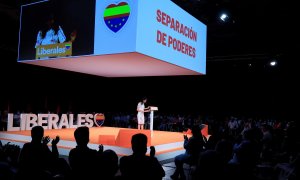 La presidenta de Ciudadanos, Inés Arrimadas, durante su intervención este domingo en Madrid en la clausura de la primera Convención política de su formación, que ha dejado claro que no se fusionará con el PP y que busca afianzarse en un espacio independie