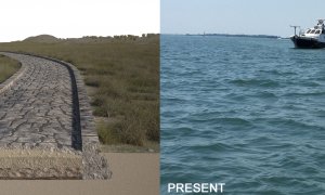 Reconstrucción del tramo de calzada romana detectado en la zona norte de la laguna de Venecia y el aspecto actual.