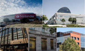 Sedes de los cinco mayores bancos de España: Santander, BBVA. Caixabank, Sabadell, y Bankinter.