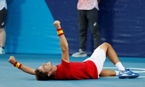 El español Pablo Carreño celebra su victoria ante Novak Djokovic.