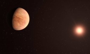 Recreación del ligero exoplaneta L 98-59b con su estrella al fondo.