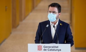 El presidente de la Generalitat, Pere Aragonès, durante su intervención tras su visita el pasado miércoles al instituto de Vilablareix (Girona).