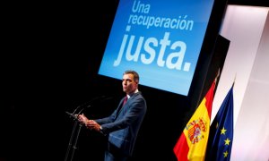 01/09/2021.-El presidente del Gobierno, Pedro Sánchez, durante la presentación este miércoles en un acto con buena parte de su gabinete, y al que están invitados empresarios y sindicatos.