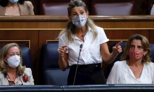 La vicepresidenta segunda y ministra de Trabajo y Economía Social, Yolanda Díaz, durante la sesión de control al Gobierno celebrada este miércoles en el Congreso.