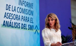 La vicepresidenta segunda del Gobierno y ministra de Trabajo, Yolanda Díaz, en la presentación del informe de los expertos sobre  el SMI. EFE/Emilio Naranjo