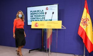 La vicepresidenta segunda del Gobierno y ministra de Trabajo y Economía Social, Yolanda Díaz, a su llegada a la presentación del plan de actuación de la Inspección de Trabajo frente al golpe de calor, en la sede del Ministerio, el pasado julio. E.P./Marta