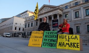 Los dos activistas de Extinction Rebellion en huelga de hambre frente al Congreso de los Diputados.