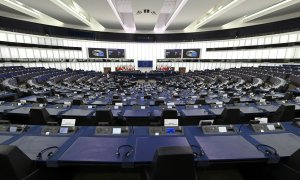 Vista del hemiciclo del Parlamento Europeo, en Estrasburgo (Francia), durante el debate sobre el futuro de las relaciones entre la UE y los EEUU. Frederick Florin/Pool via REUTERS