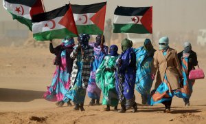 Varias mujeres sostienen banderas del Sáhara Occidental en la ceremonia del 40 aniversario de la proclamación de la República Árabe Saharaui Democrática, en febrero de 2016.