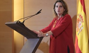 La vicepresidenta tercera y ministra para la Transición Ecológica y el Reto Demográfico, Teresa Ribera, interviene durante la clausura de la jornada sobre la elaboración del Nuevo Programa de Acción Nacional contra la Desertificación -PAND2-, en la sede d