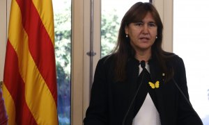 La presidenta del Parlament, Laura Borràs, durant la seva declaració institucional amb motiu del quart aniversari de la DUI
