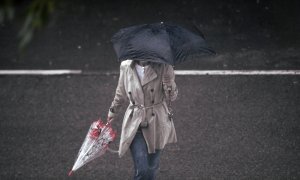 Una persona camina bajo la lluvia protegida con un paraguas, en Madrid (España).