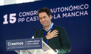 El secretario general del Partido Popular, Teodoro García Egea durante su intervención en el Congreso regional del Partido Popular celebrado este sábado en Puertollano, Ciudad Real.