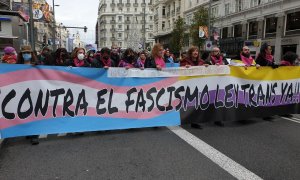 La manifestación a favor de la ley trans, a su paso por la Gran Vía de Madrid.