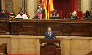 El conseller d'Economia, Jaume Giró, durant la seva intervenció al Parlament en el debat de les esmenes a la totalitat als pressupostos.