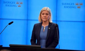 24/11/2021Magdalena Andersson durante una conferencia de prensa después de la votación del presupuesto en el parlamento sueco