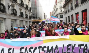 Varias personas sostienen una pancarta donde se lee "Contra el fascismo Ley Trans", en una manifestación contra las agresiones al colectivo LGTBI, a 20 de noviembre de 2021, en Madrid.