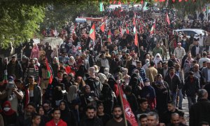 13/12/2021 Partidarios palestinos del Frente Popular para la Liberación de Palestina (FPLP) en un mitin, en Gaza, del 54º aniversario de la fundación de la organización