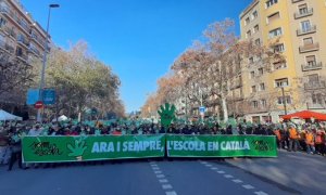 La capçalera de la manifestació al passeig de Sant Joan de Barcelona.