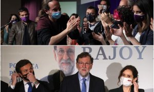 Arriba, Pablo Iglesias, el día que anunció su dimisión. Abajo, el presidente del PP Pablo Casado, la presidenta de la Comunidad de Madrid, Isabel Díaz Ayuso y el expresidente del Gobierno Mariano Rajoy.