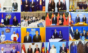 Los líderes de la ASEAN  se unen para una foto de grupo virtual después de firmar la Asociación Económica Integral Regional (RCEP) durante una ceremonia de firma virtual en la Casa del Parlamento en Canberra, el domingo 15 de noviembre de 2020.