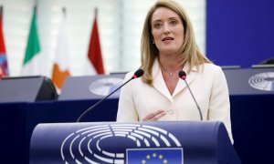 La presidenta en funciones del Parlamento Europeo, Roberta Metsola, pronuncia un discurso en el Parlamento Europeo en Estrasburgo