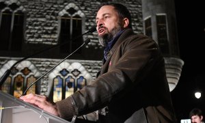 El presidente del Vox, Santiago Abascal, durante el acto electoral que celebraron el pasado jueves en la plaza de San Marcelo de León.