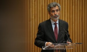 El presidente del CGPJ, Carlos Lesmes, interviene en la jornada en el Congreso de los Diputados sobre el Estado Abierto, a 17 de mayo de 2021, en Madrid.