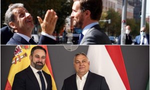 Arriba, Pablo Casado y Nicolás Sarkozy. Abajo, Santiago Abascal y Viktor Orbán.