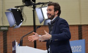 06/02/2022 El presidente de PP, Pablo Casado participa en Palencia en un mitin con el candidato a la presidencia de la Junta de Castilla y León, Alfonso Fernández Mañueco