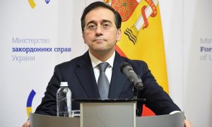 El Ministro de Relaciones Exteriores de España, José Manuel Albares, en una conferencia de prensa en Kiev, Ucrania, el 09 de febrero de 2022.