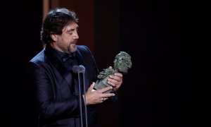 12/02/2022 El actor Javier Bardem recibe el Goya a Mejor Actor Protagonista, por su trabajo en 'El buen patrón', durante la gala de la 36 edición de los Premios Goya que tiene lugar 'en el Palau de les Arts de Valencia