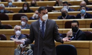 El presidente del Gobierno, Pedro Sánchez, interviene en la sesión de control celebrada por el pleno del Senado, este martes en Madrid.