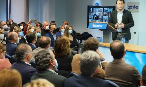 El presidente del PP en funciones de la Junta de Castilla y León, Alfonso Fernández Mañueco, interviene en la clausura de la Junta Directiva Autonómica del Partido Popular de Castilla y León, a 15 de febrero de 2022, en Valladolid.