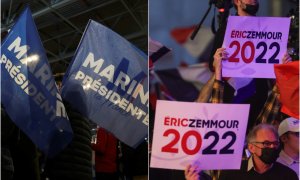 Seguidores de Marie Le Pen y de Eric Zemmour sostienen carteles de sus líderes en sendos mitines de los partidos de ultraderecha.
